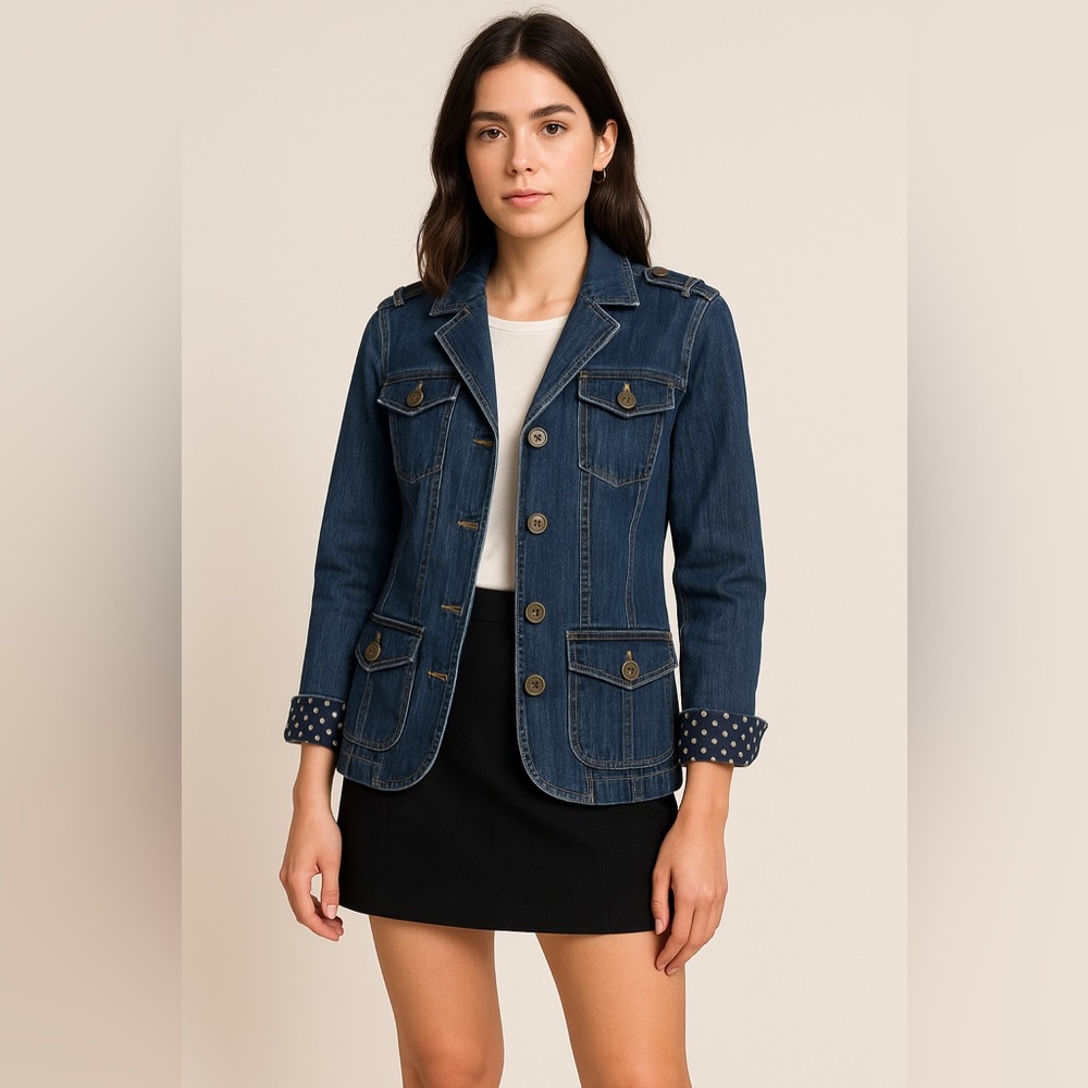 Vintage Inspired Lands’ End Women’s Size 4 Floral Accent Denim Utility Jacket